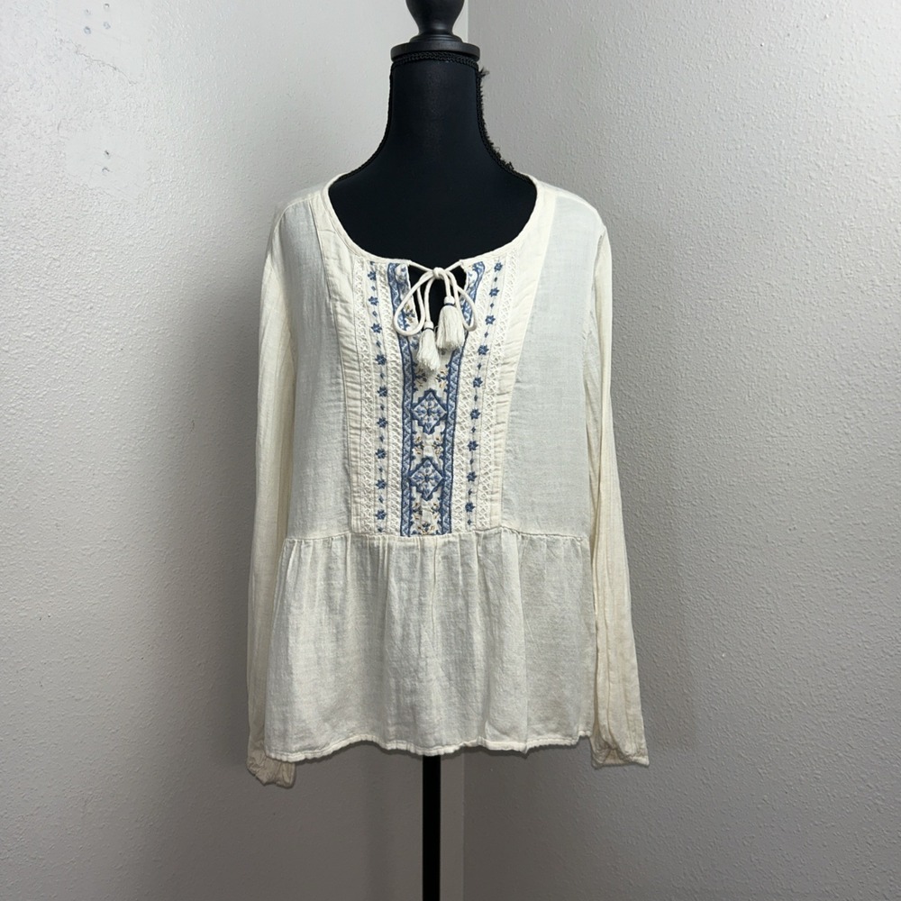 Lucky Brand Long Sleeves Top Women's Large Ivory Peasant Boho Cottagecore Hippie
